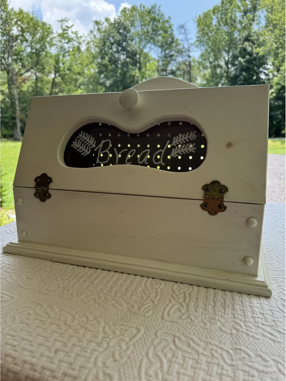 Vintage White Wooden Bread Box with Ventilated Metal Front